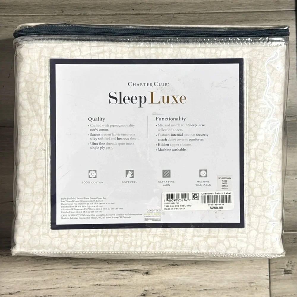 CHARTER CLUB SLEEP LUXE 800 TWIN 2 PIECE DUVET COVER AND PILLOWCASE SET*NWT*